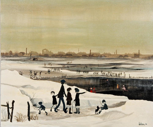 This oil on canvas, ‘Figures Approaching a Frozen Lake, Industrial Town in the Distance,’ by the late Brian Shields (Braaq), realized £16,500 ($27,290) at Hartleys in West Yorkshire in December. Image courtesy of Hartleys.